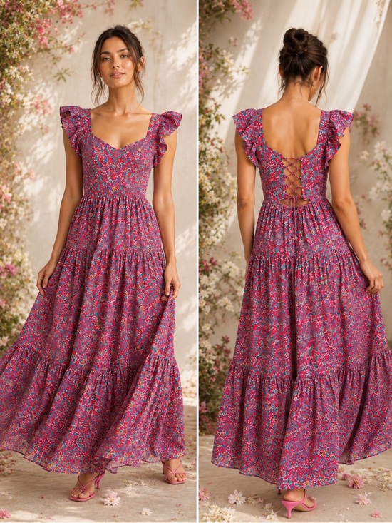 Sabina Musayev Dresses & Skirts - Sabina Musayev Truly Pink Floral Corset Lace-Up Back Tiered Ruffle Maxi Dress